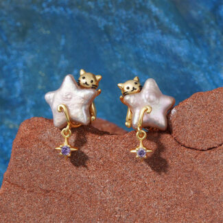 whimsical cat & star baroque pearl stud earrings