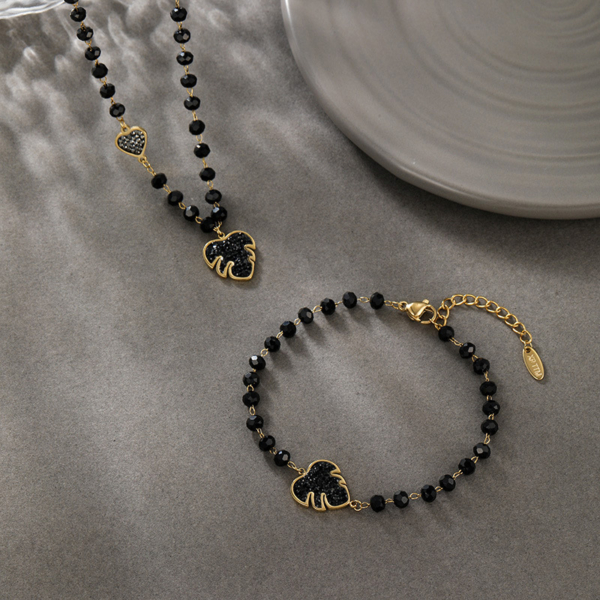 Gold Black Glitter Leaf Jewellery Set - Waterproof Monstera Design