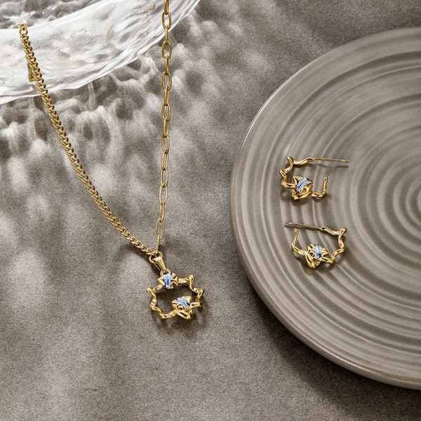 Gold Blue Enamel Fish Asymmetrical Set - Tarnish Free