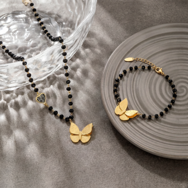 Gold Butterfly & Black Bead Jewellery Set - Tarnish Free