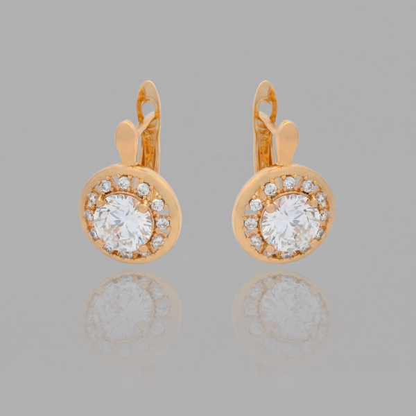Gold Classic Crystal Halo Leverback Earrings - Vintage Bridal Drop Design