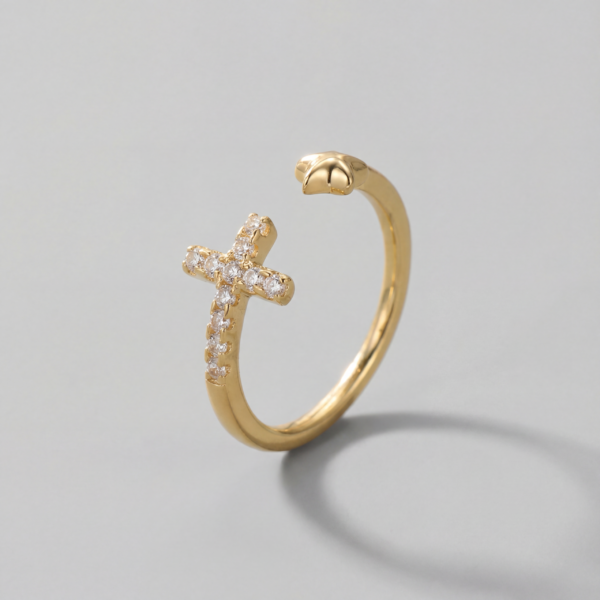 Gold Crystal Cross & Star Open Ring - Adjustable Pinky Midi Band