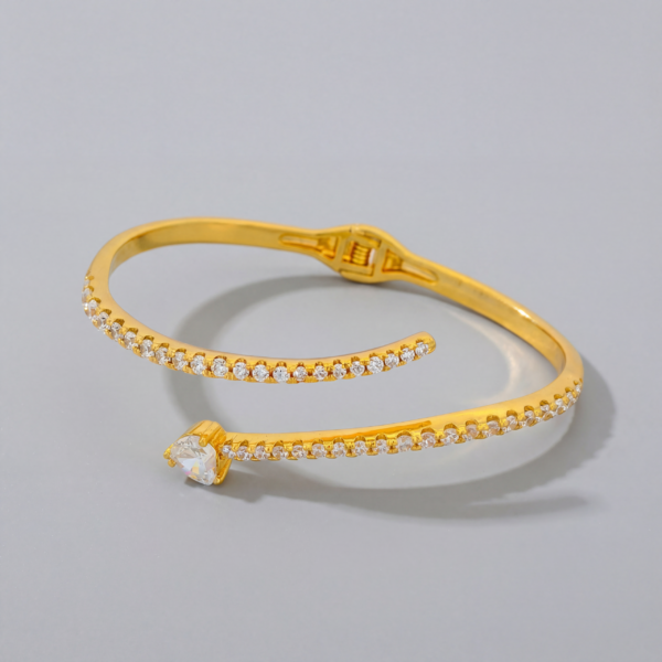 Gold Crystal Heart Wrap Bangle - Hinged Bypass Design Small Fit