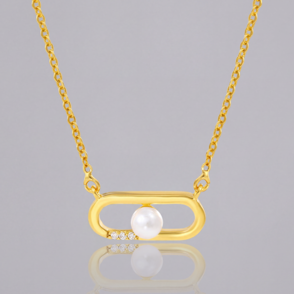 Gold Paperclip Pearl Necklace - Dainty 24K Tone Minimalist Pendant