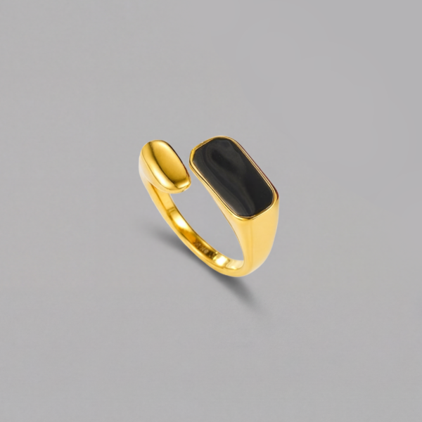 Gold Stainless Steel Black Signet Open Ring - Adjustable & Tarnish Free
