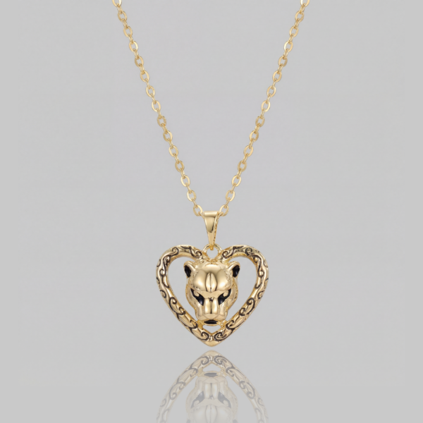 Gold Vintage Panther Heart Pendant - Filigree Leopard Charm