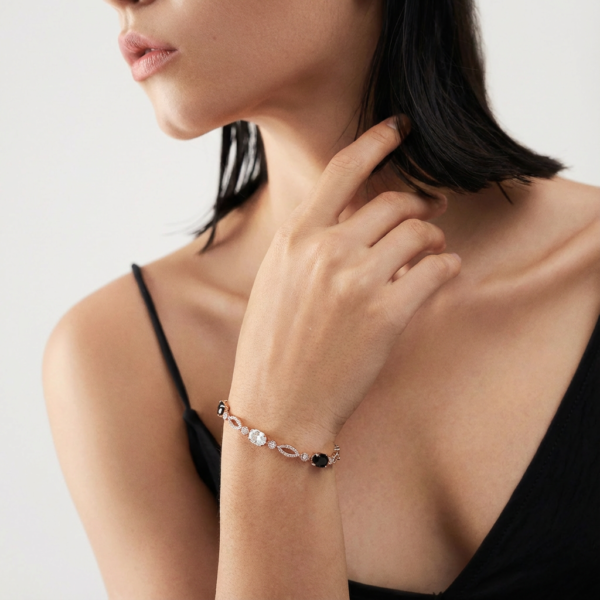 Solisita Rose Gold Link Bracelet with Black and Clear Crystals Art Deco Style