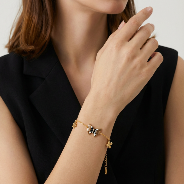 Solisita Enamel Butterfly Charm Bracelet Gold Tone Black and White Detail