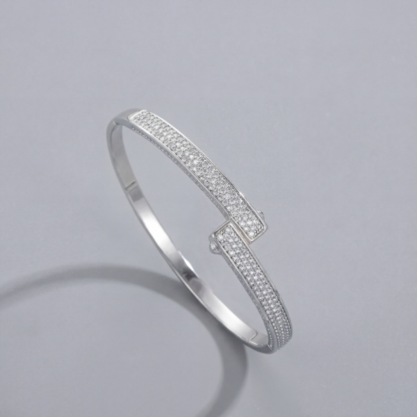Solisita Pave Crystal Bar Hinged Bangle Silver Tone Geometric Design