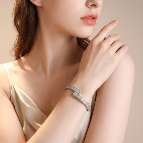 Solisita Silver Hinged Bangle Pave Crystal Bar Design Large Size