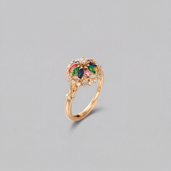 Solisita Vintage Multi Colour Crystal Flower Ring Gold Tone Adjustable Cocktail Design