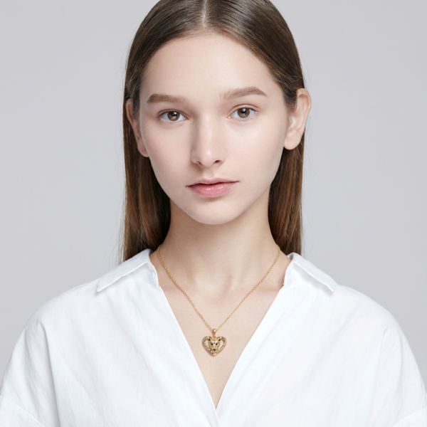 Gold Tone Filigree Heart Pendant with Panther Silhouette Statement Jewellery