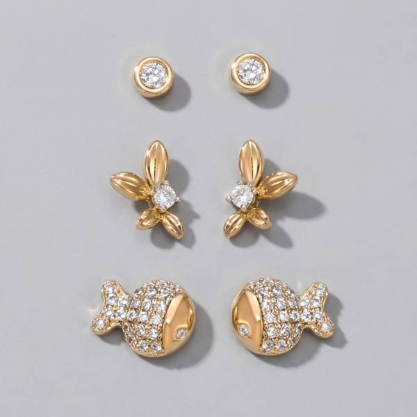 Solisita Gold Fish and Floral Stud Earring Set with Crystal Dots Set of 3