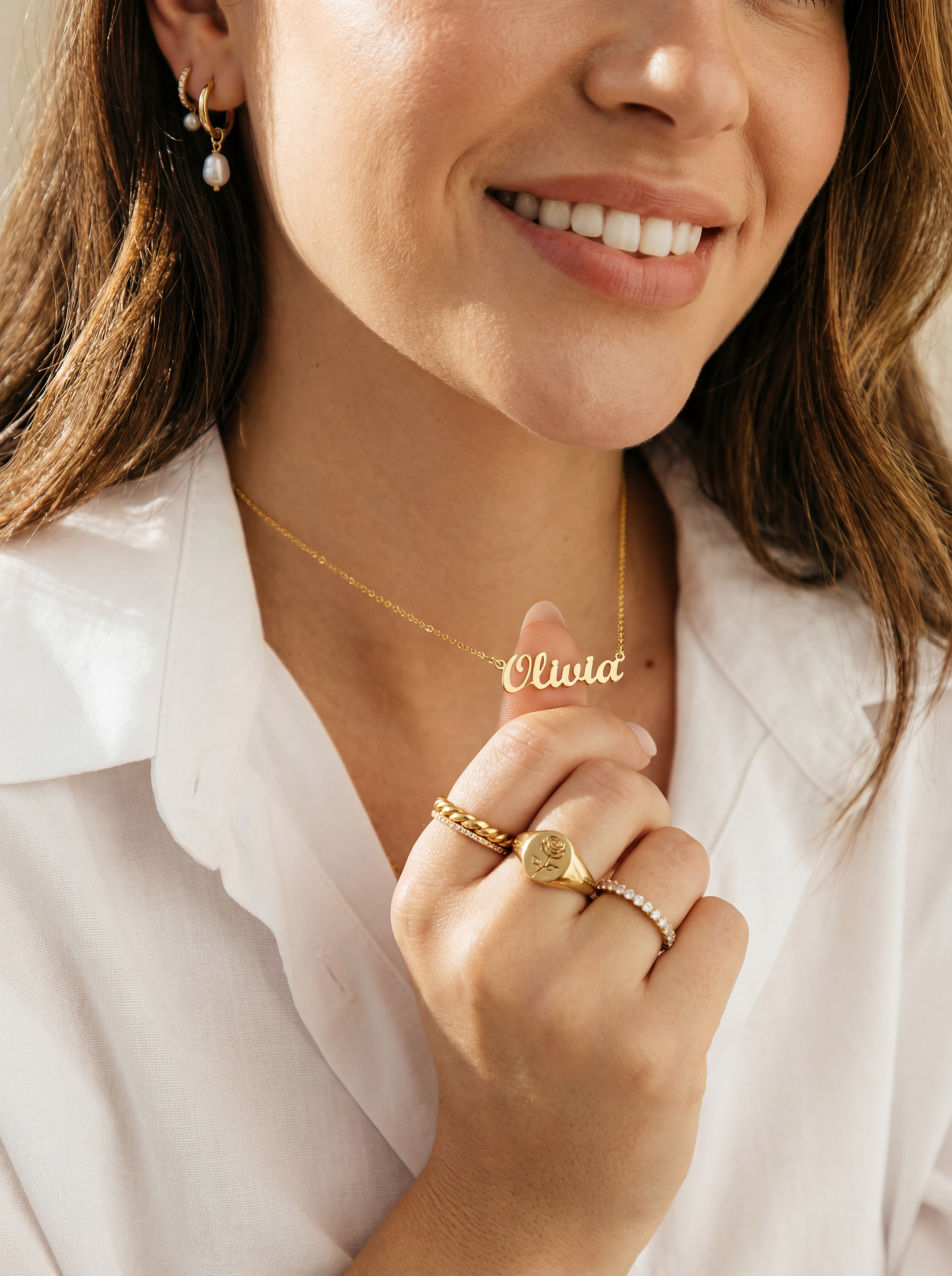 Waterproof gold personalised name necklace and stacked rings