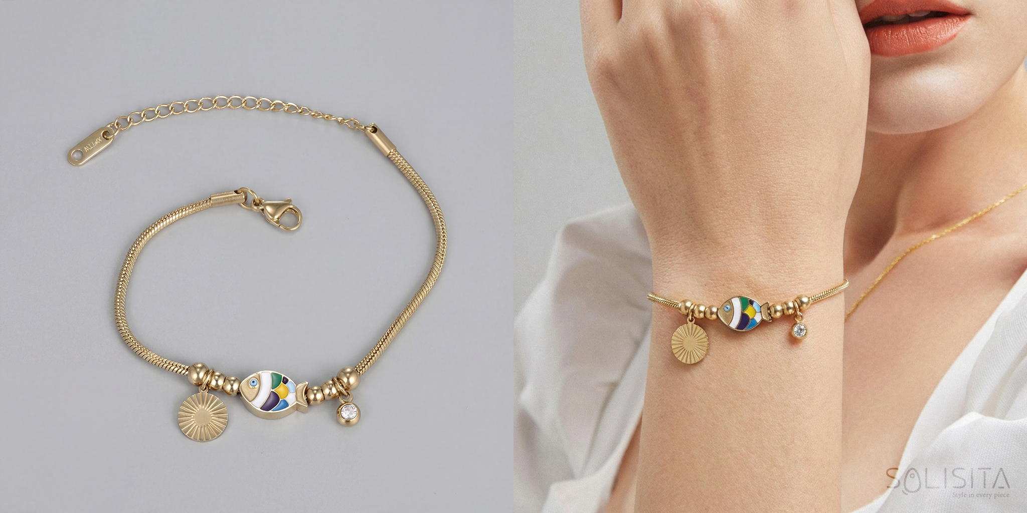 enamel fish sun charm bracelet gold